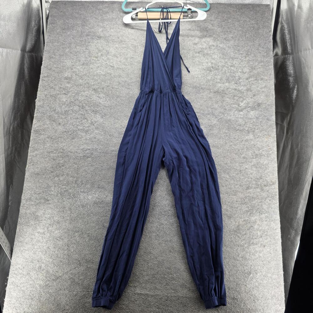 Lulus Jumpsuit Womens Small Navy Halter Deep V Tie Back Elastic Cuffs Made USA